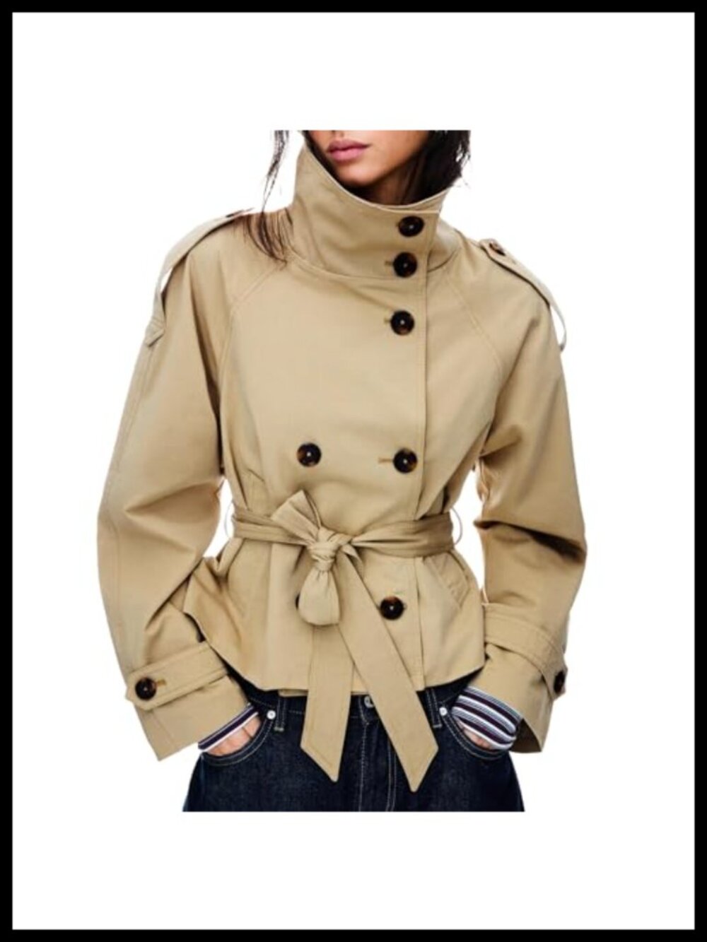 Women's Cropped Trench Coat Double Breasted Belted Funnel Neck Lightweight